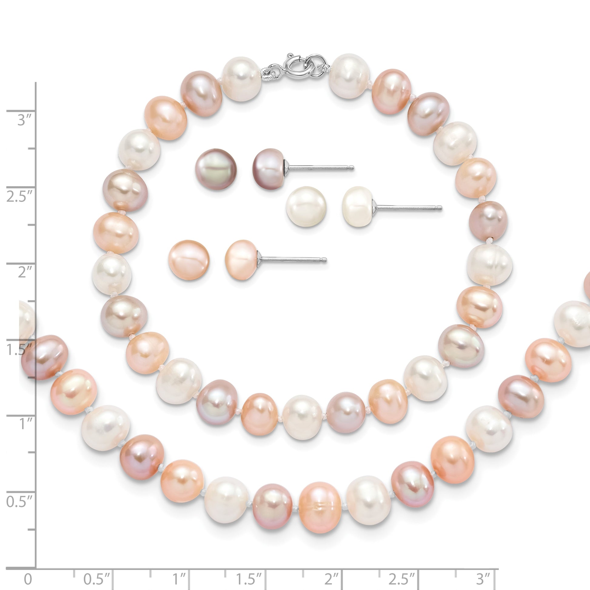 Sterling Silver Rhodium-plated 6-7mm White, Pink and Purple Semi-Round Freshwater Cultured Pearl 18 inch Necklace, 7.25 inch Bracelet and 3-piece Button Post Earrings Set
