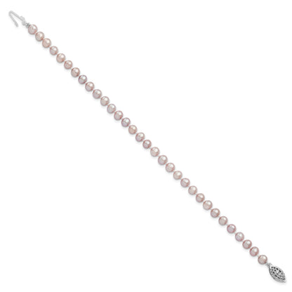 Sterling Silver Rhodium-plated 5-6mm Purple Near-Round Freshwater Cultured Pearl 7.25 inch Bracelet