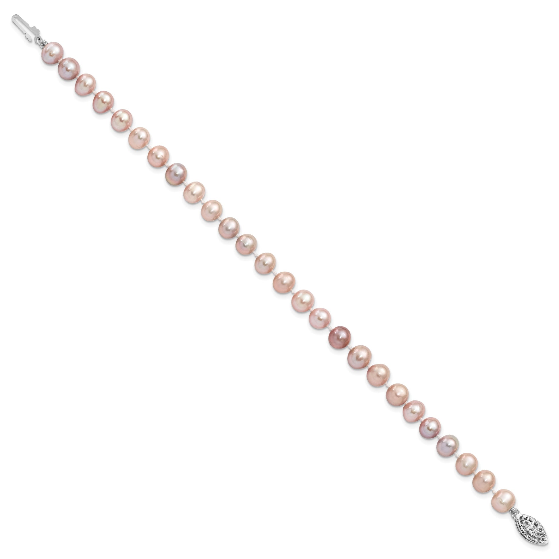 Sterling Silver Rhodium-plated 6-7mm Purple Near-Round Freshwater Cultured Pearl 7.25 inch Bracelet
