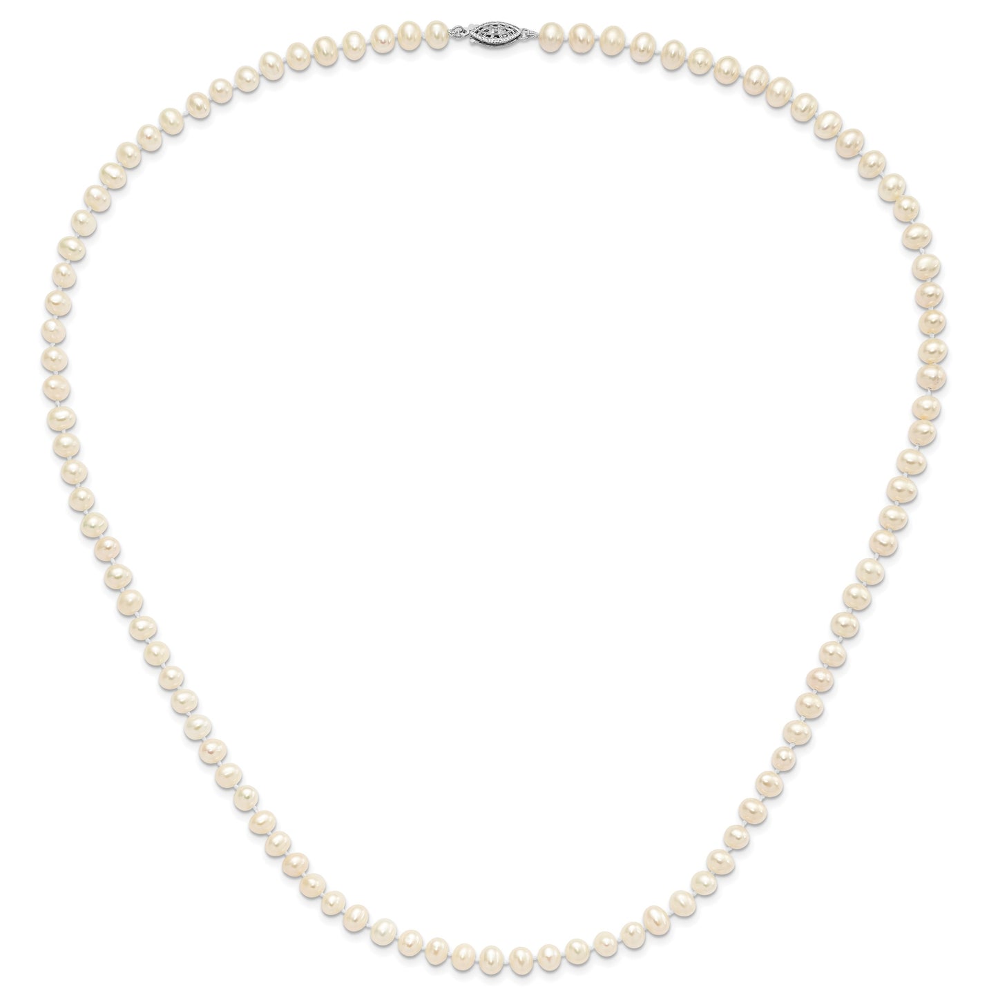 Sterling Silver Rhodium-plated 5-6mm White Near-Round Freshwater Cultured Pearl 24 inch Necklace