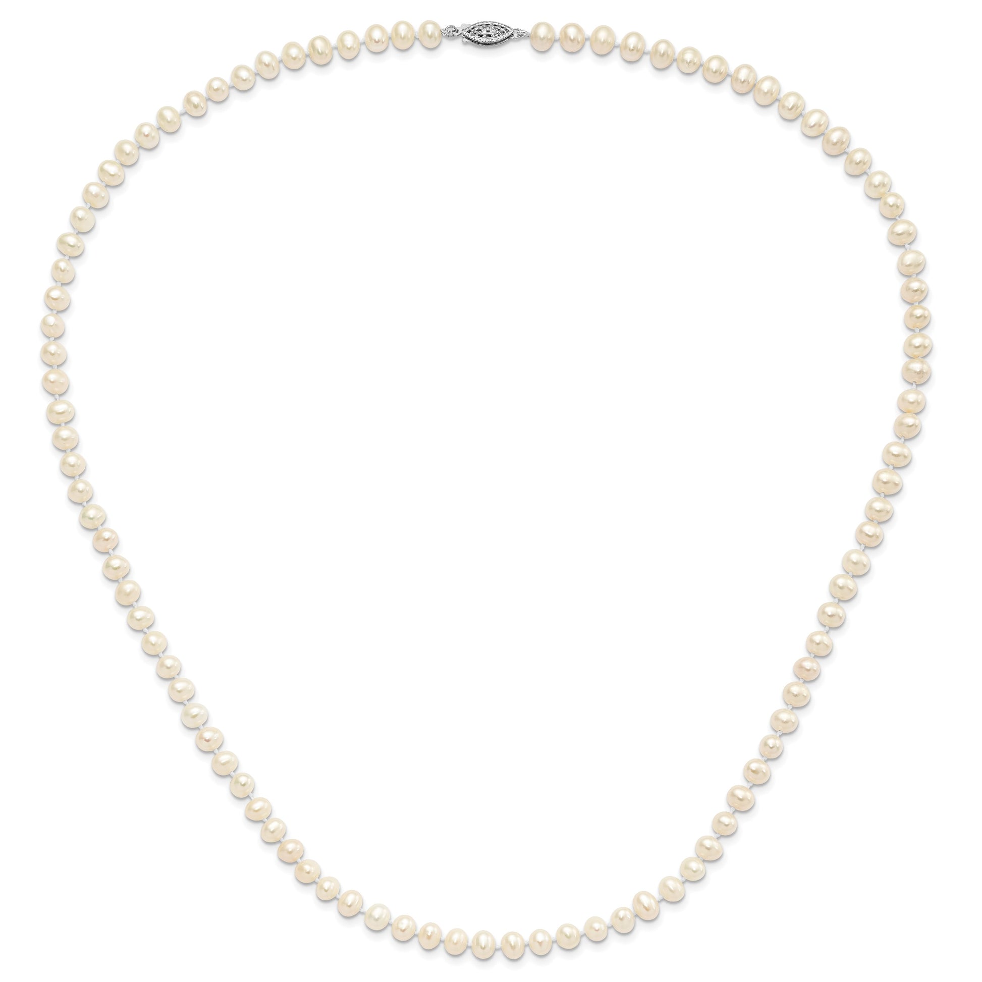 Sterling Silver Rhodium-plated 5-6mm White Near-Round Freshwater Cultured Pearl 24 inch Necklace
