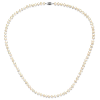 Sterling Silver Rhodium-plated 5-6mm White Near-Round Freshwater Cultured Pearl 24 inch Necklace