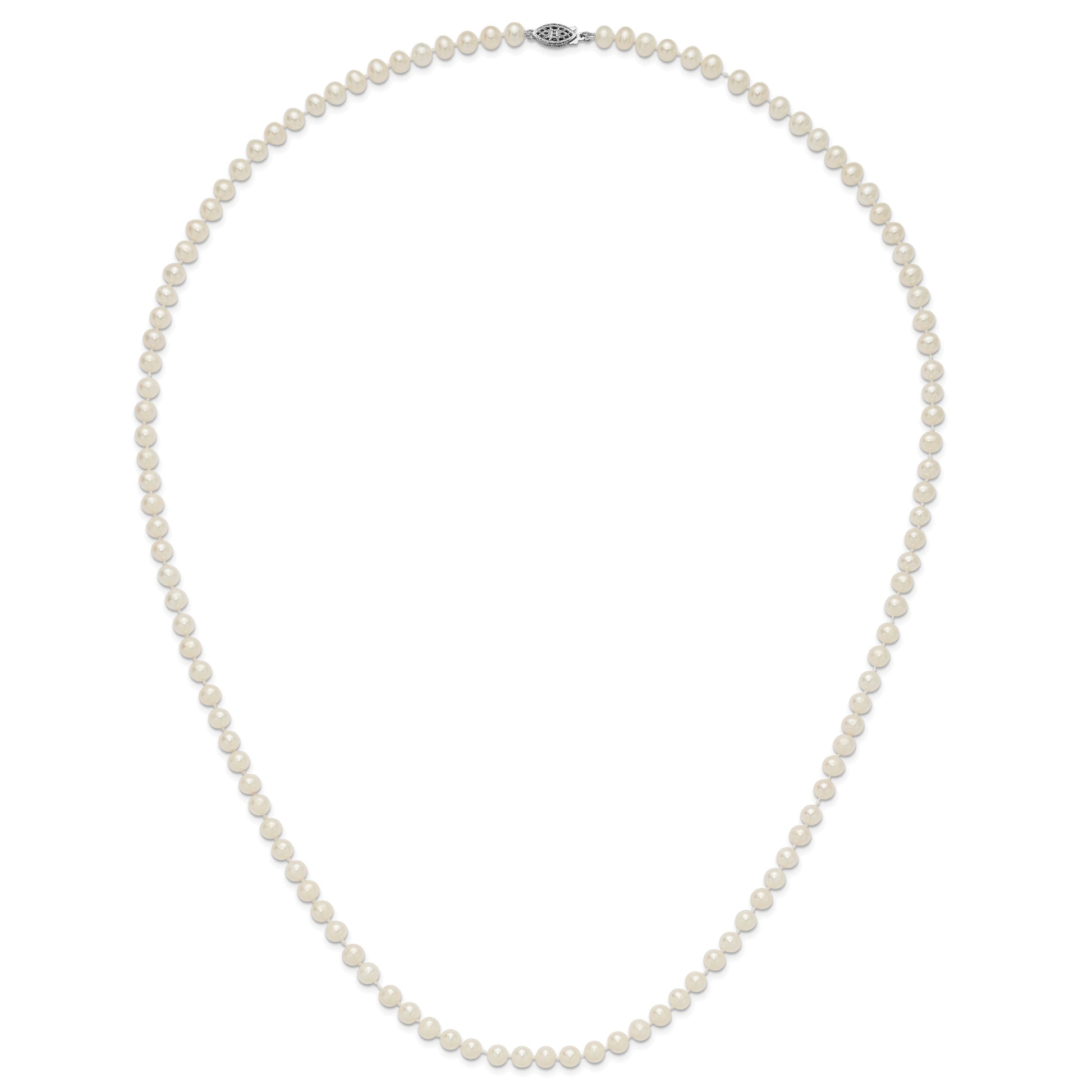 Sterling Silver Rhodium-plated 5-6mm White Near-Round Freshwater Cultured Pearl 28 inch Necklace