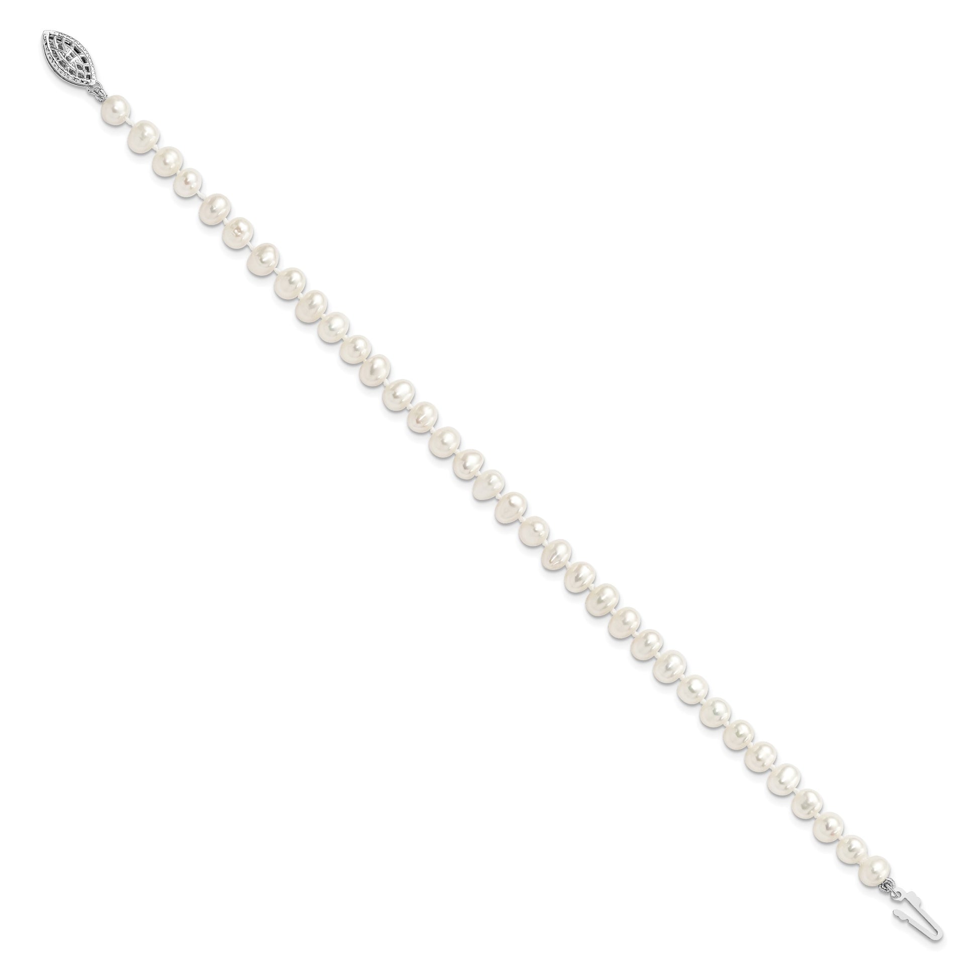 Sterling Silver Rhodium-plated 5-6mm White Near-Round Freshwater Cultured Pearl 7.25 inch Bracelet