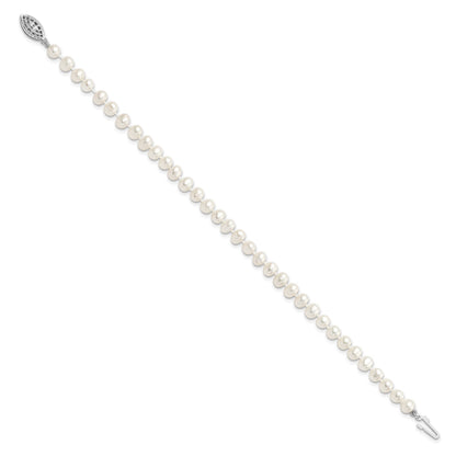 Sterling Silver Rhodium-plated 5-6mm White Near-Round Freshwater Cultured Pearl 7.25 inch Bracelet