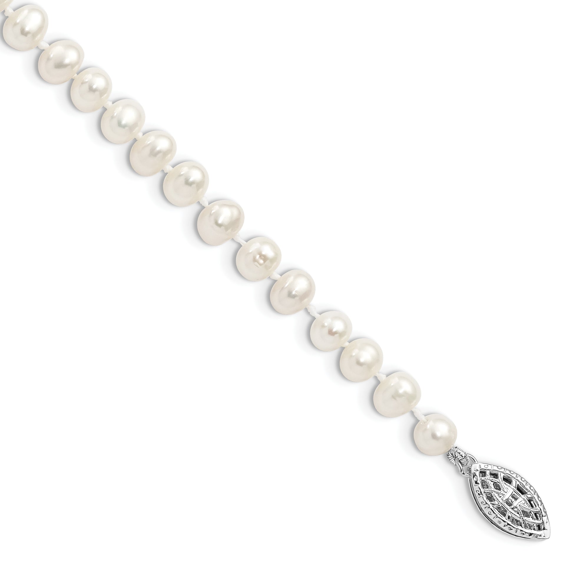 Sterling Silver Rhodium-plated 5-6mm White Near Round Freshwater Cultured Pearl 8.25 inch Bracelet