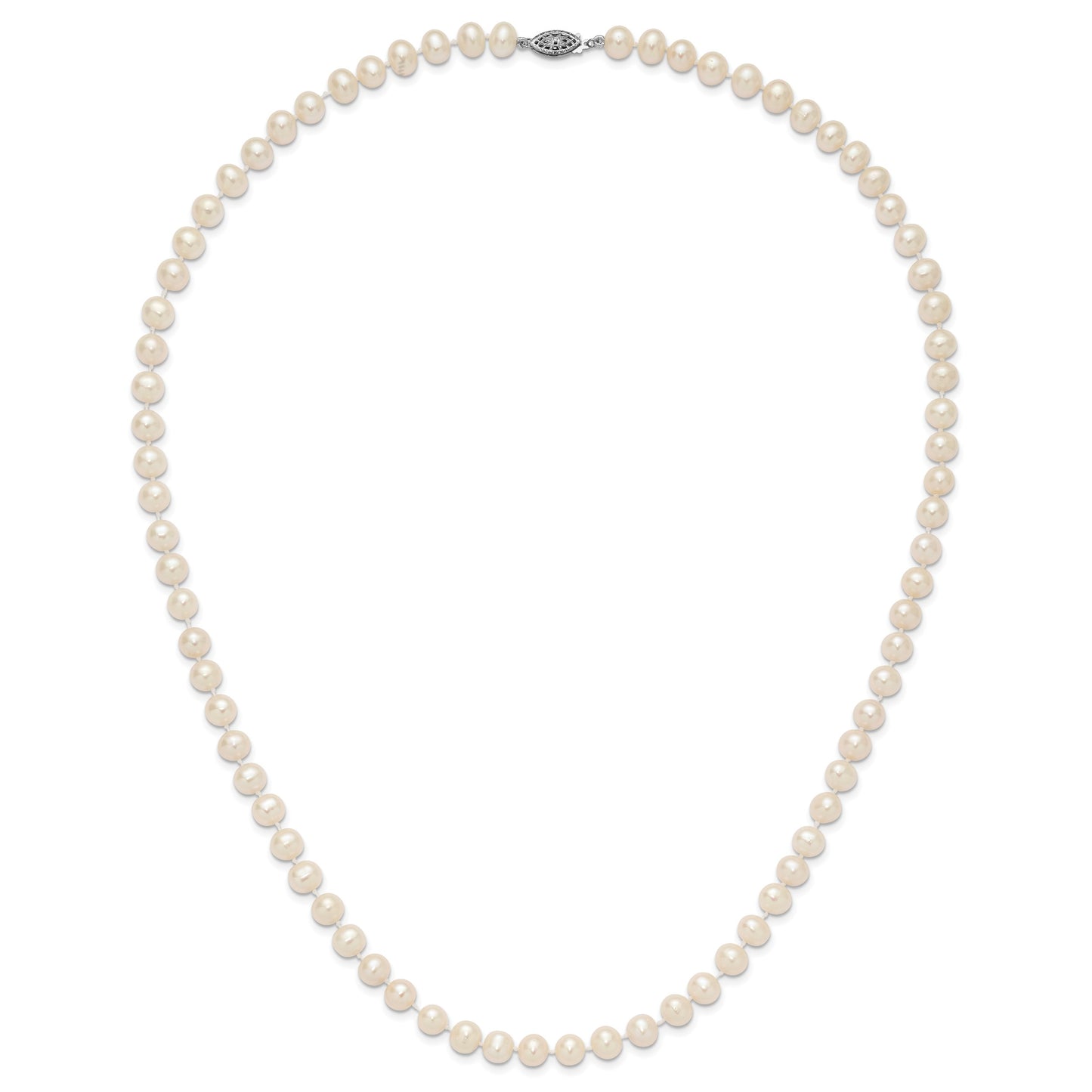 Sterling Silver Rhodium-plated 7-8mm White Near-Round Freshwater Cultured Pearl 24 inch Necklace