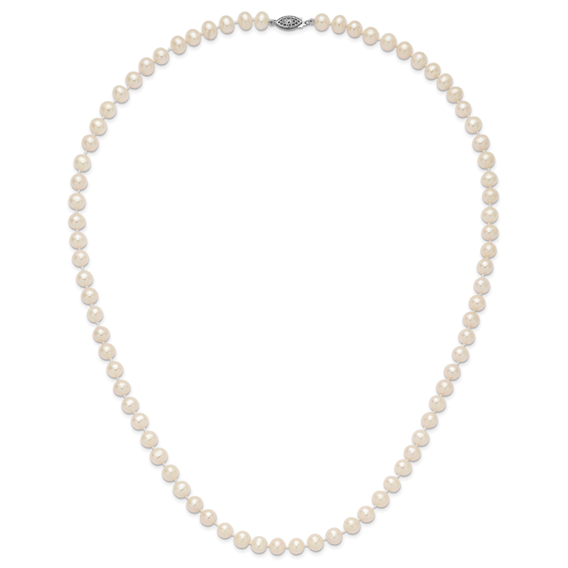 Sterling Silver Rhodium-plated 7-8mm White Near-Round Freshwater Cultured Pearl 24 inch Necklace