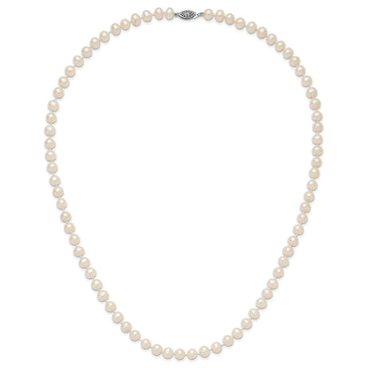 Sterling Silver Rhodium-plated 7-8mm White Near-Round Freshwater Cultured Pearl 24 inch Necklace