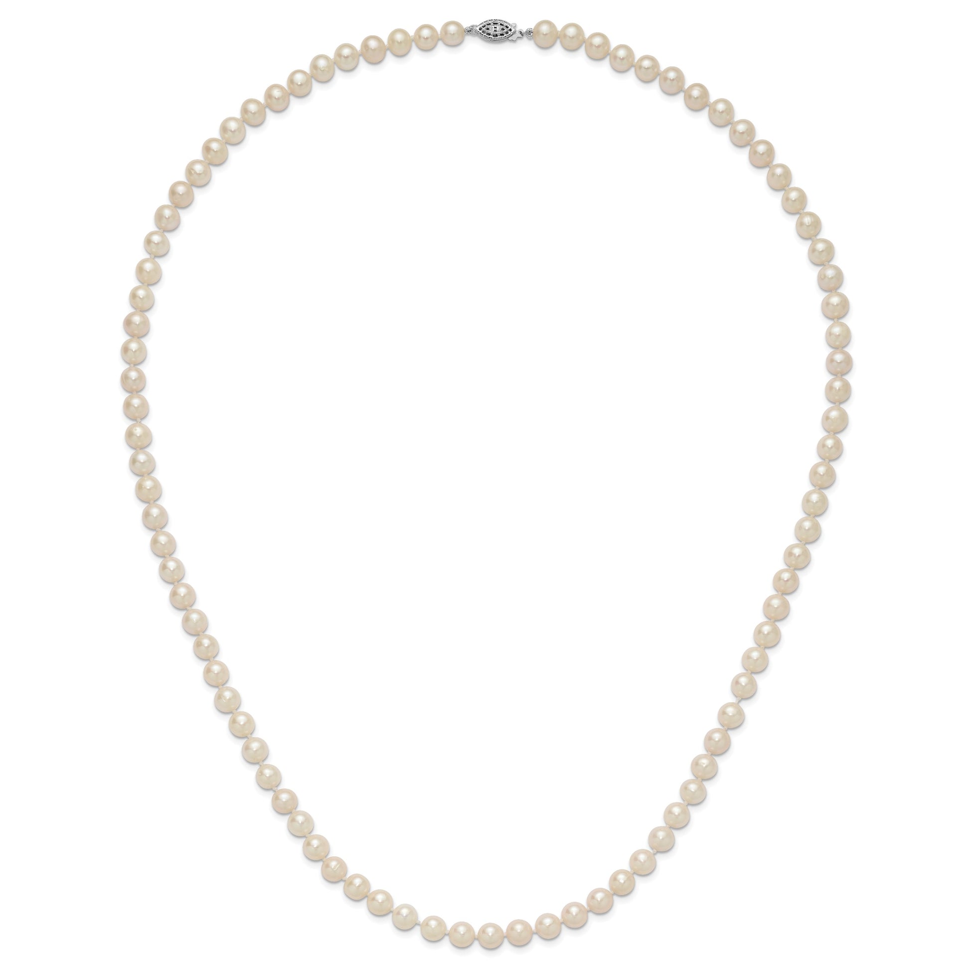 Sterling Silver Rhodium-plated 7-8mm White Near-Round Freshwater Cultured Pearl 28 inch Necklace