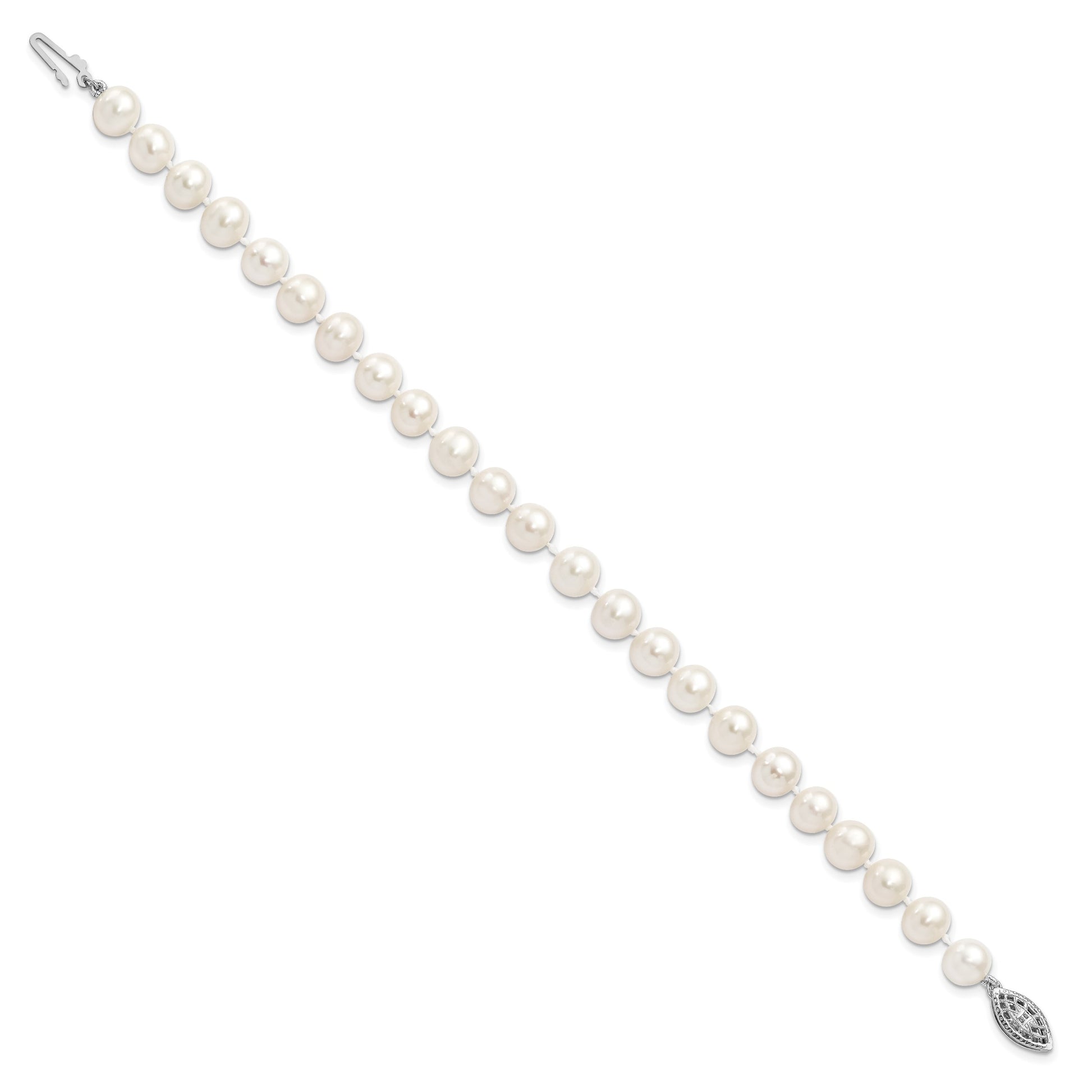 Sterling Silver Rhodium-plated 7-8mm White Near-Round Freshwater Cultured Pearl 7.25 inch Bracelet