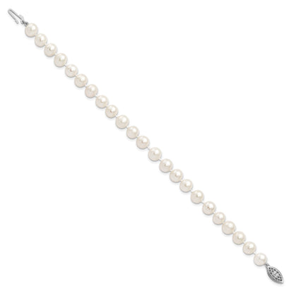 Sterling Silver Rhodium-plated 7-8mm White Near-Round Freshwater Cultured Pearl 7.25 inch Bracelet