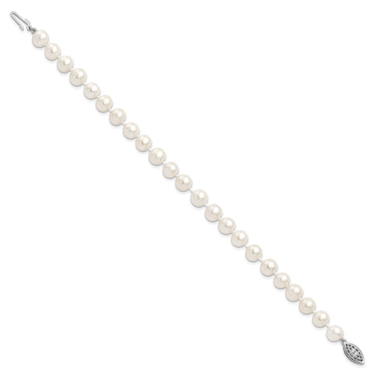 Sterling Silver Rhodium-plated 7-8mm White Near-Round Freshwater Cultured Pearl 7.25 inch Bracelet