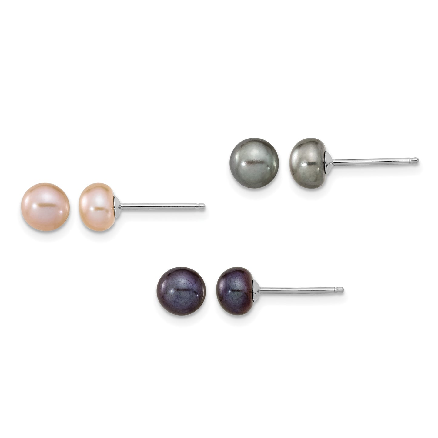 Sterling Silver Rhodium-plated 6-7mm Black, Pink and Gray Semi-Round Freshwater Cultured Pearl 18 inch Necklace, 7.25 inch Bracelet and 3-piece Button Post Earrings Set