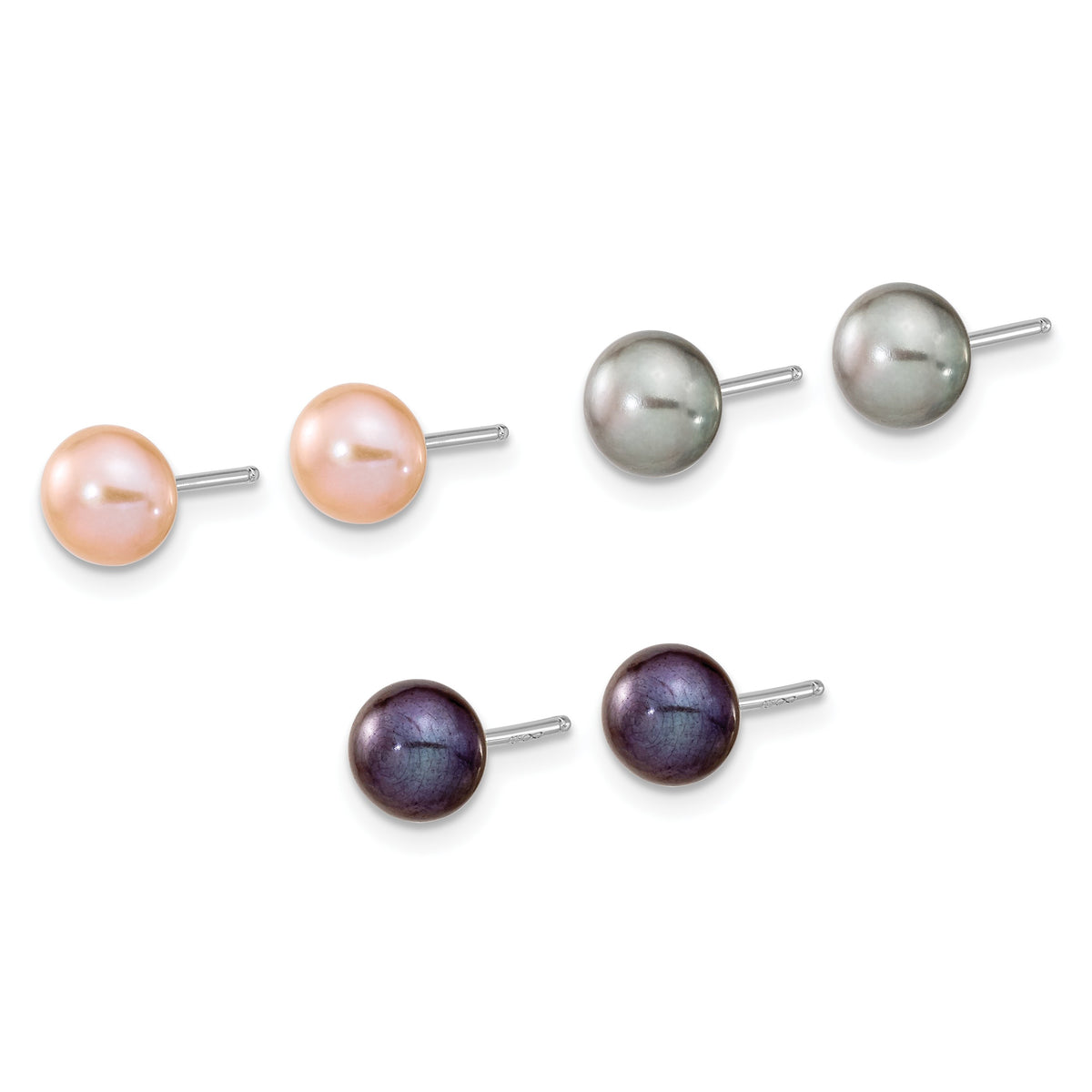 Sterling Silver Rhodium-plated 6-7mm Black, Pink and Gray Semi-Round Freshwater Cultured Pearl 18 inch Necklace, 7.25 inch Bracelet and 3-piece Button Post Earrings Set