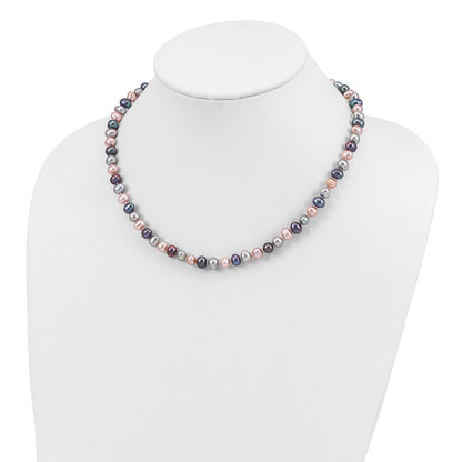 Sterling Silver Rhodium-plated 6-7mm Black, Pink and Gray Semi-Round Freshwater Cultured Pearl 18 inch Necklace, 7.25 inch Bracelet and 3-piece Button Post Earrings Set