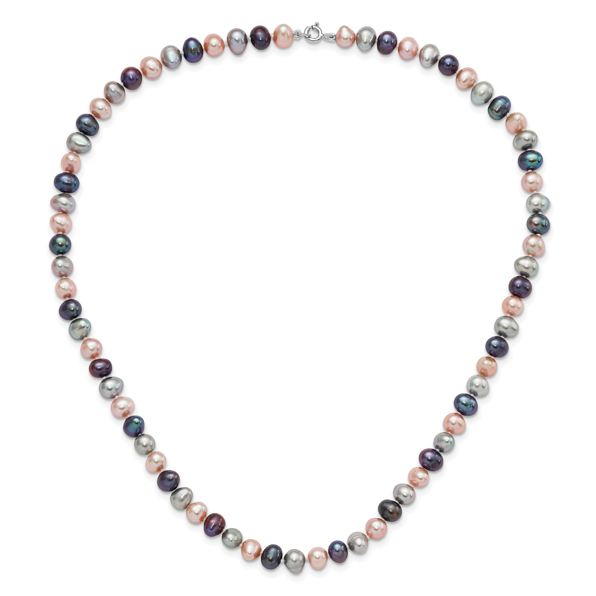 Sterling Silver Rhodium-plated 6-7mm Black, Pink and Gray Semi-Round Freshwater Cultured Pearl 18 inch Necklace, 7.25 inch Bracelet and 3-piece Button Post Earrings Set