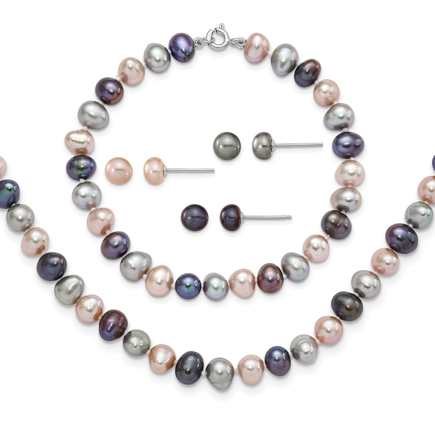 Sterling Silver Rhodium-plated 6-7mm Black, Pink and Gray Semi-Round Freshwater Cultured Pearl 18 inch Necklace, 7.25 inch Bracelet and 3-piece Button Post Earrings Set