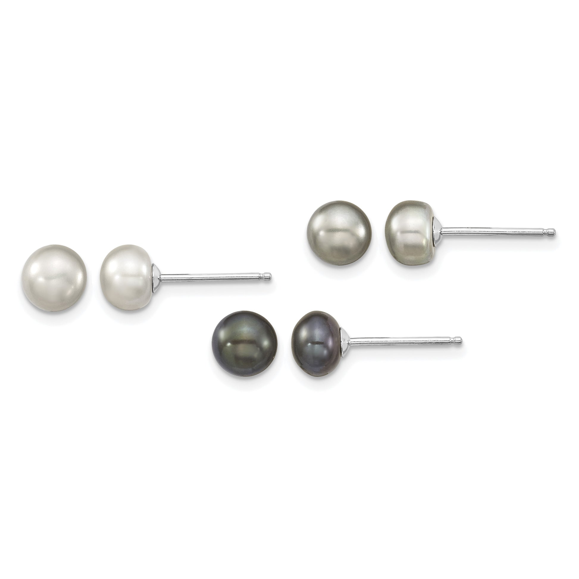 Sterling Silver Rhodium-plated 6-7mm Grey and Black Semi-Round Freshwater Cultured Pearl 18 inch Necklace and 7.25 Bracelet and 3-piece Button Post Earrings Set