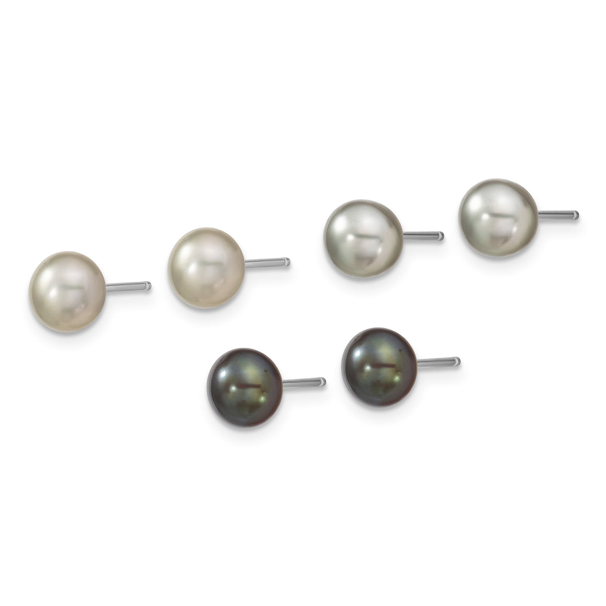 Sterling Silver Rhodium-plated 6-7mm Grey and Black Semi-Round Freshwater Cultured Pearl 18 inch Necklace and 7.25 Bracelet and 3-piece Button Post Earrings Set