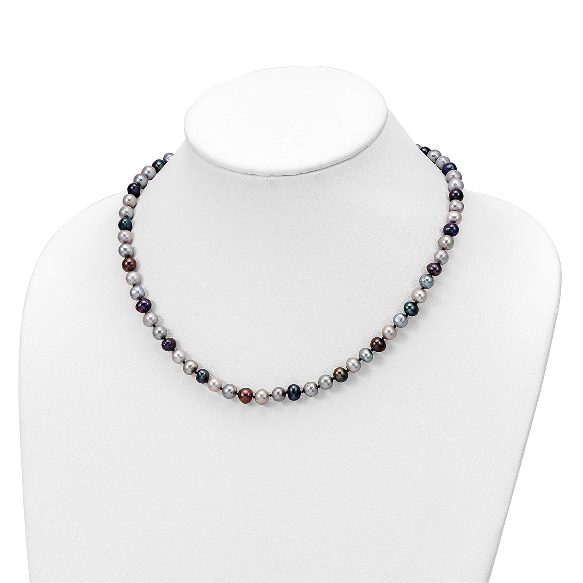 Sterling Silver Rhodium-plated 6-7mm Grey and Black Semi-Round Freshwater Cultured Pearl 18 inch Necklace and 7.25 Bracelet and 3-piece Button Post Earrings Set