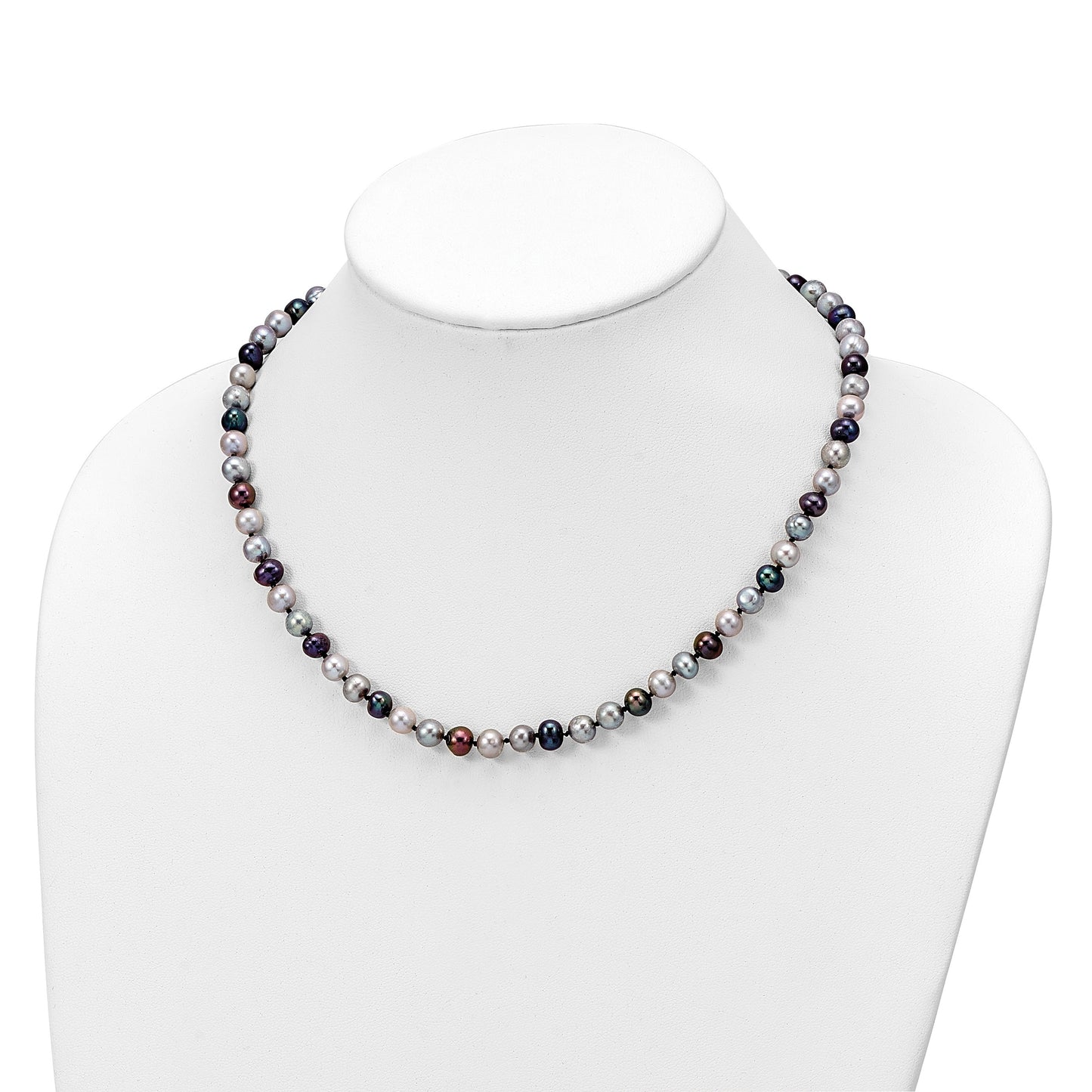 Sterling Silver Rhodium-plated 6-7mm Grey and Black Semi-Round Freshwater Cultured Pearl 18 inch Necklace and 7.25 Bracelet and 3-piece Button Post Earrings Set
