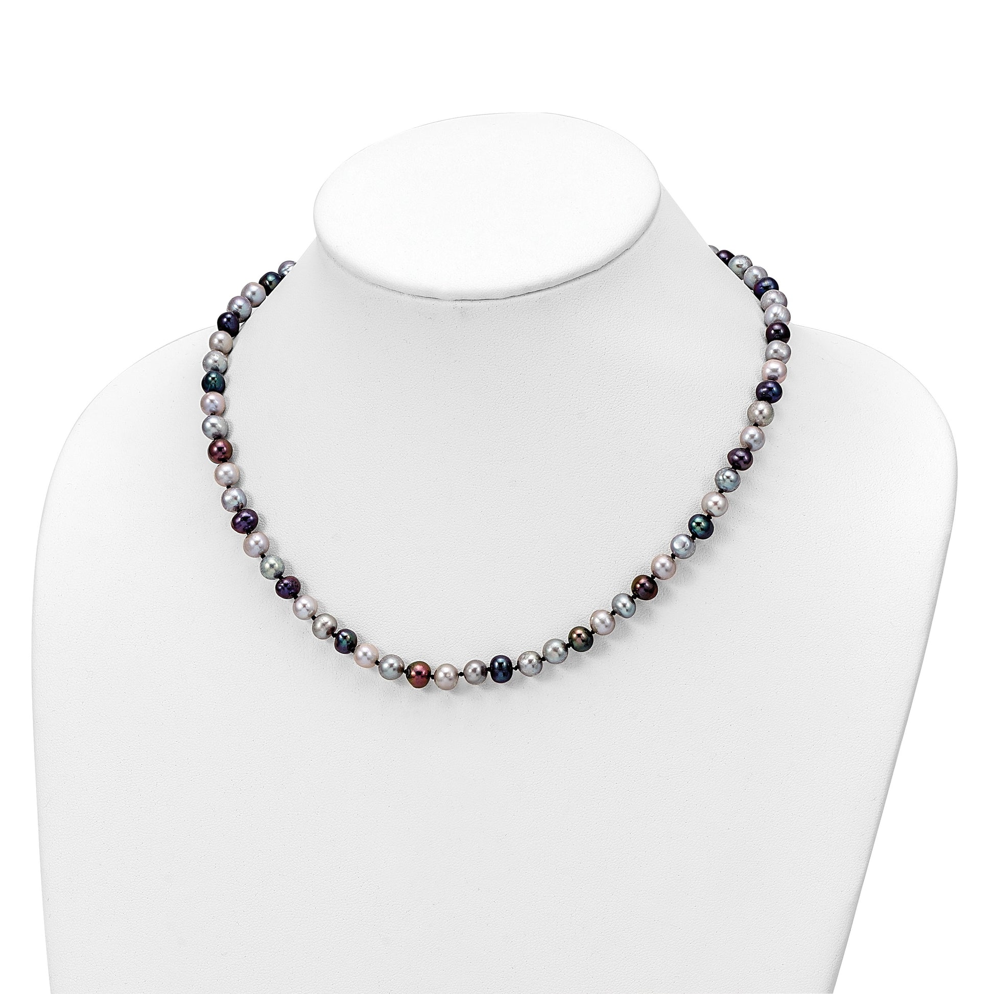 Sterling Silver Rhodium-plated 6-7mm Grey and Black Semi-Round Freshwater Cultured Pearl 18 inch Necklace and 7.25 Bracelet and 3-piece Button Post Earrings Set