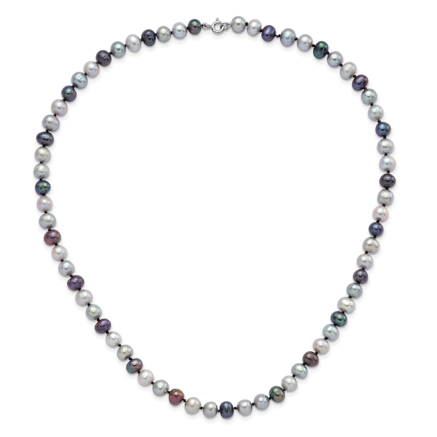 Sterling Silver Rhodium-plated 6-7mm Grey and Black Semi-Round Freshwater Cultured Pearl 18 inch Necklace and 7.25 Bracelet and 3-piece Button Post Earrings Set