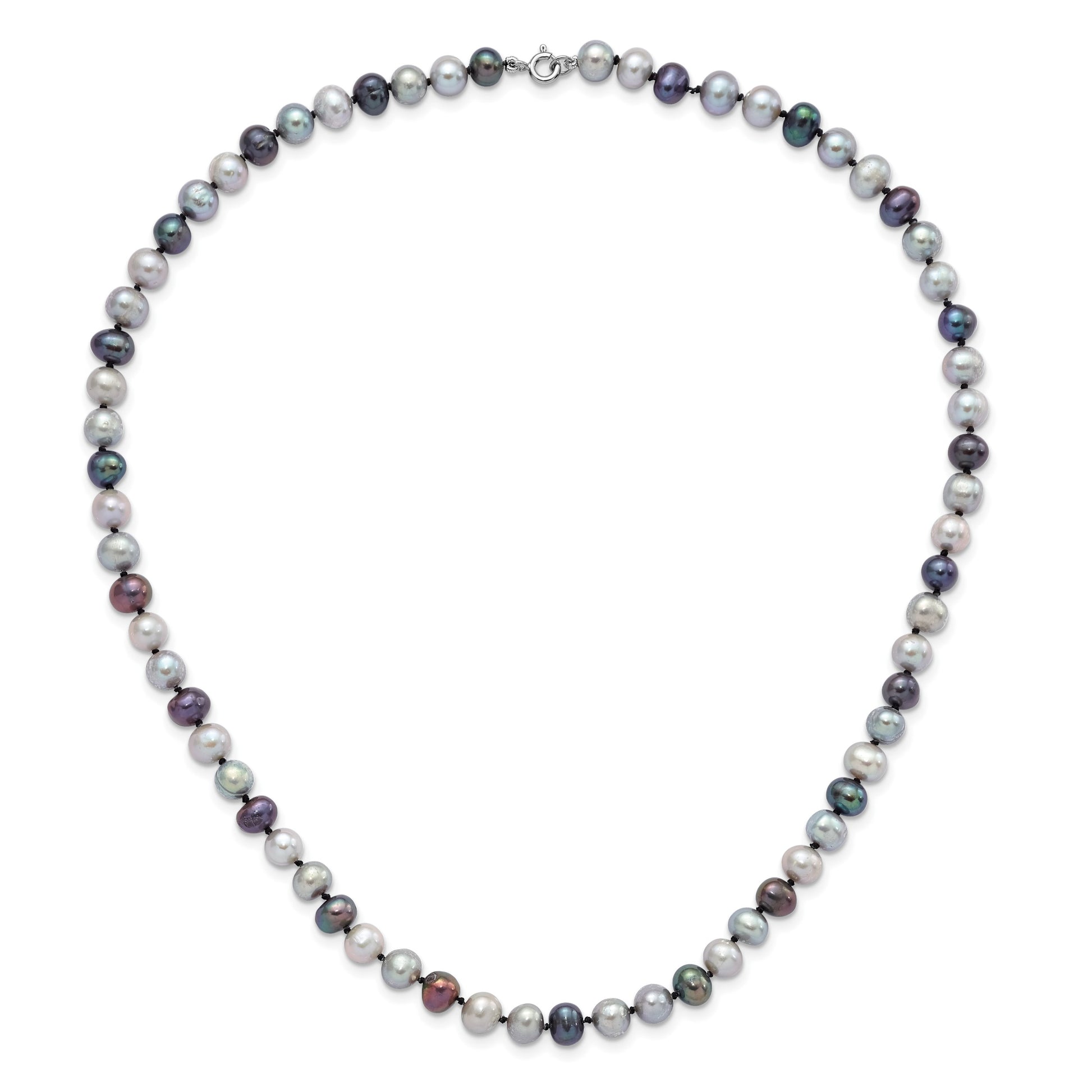 Sterling Silver Rhodium-plated 6-7mm Grey and Black Semi-Round Freshwater Cultured Pearl 18 inch Necklace and 7.25 Bracelet and 3-piece Button Post Earrings Set