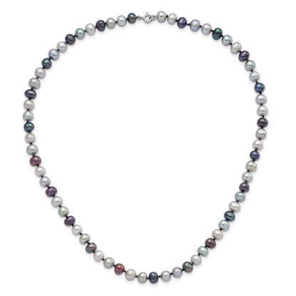 Sterling Silver Rhodium-plated 6-7mm Grey and Black Semi-Round Freshwater Cultured Pearl 18 inch Necklace and 7.25 Bracelet and 3-piece Button Post Earrings Set