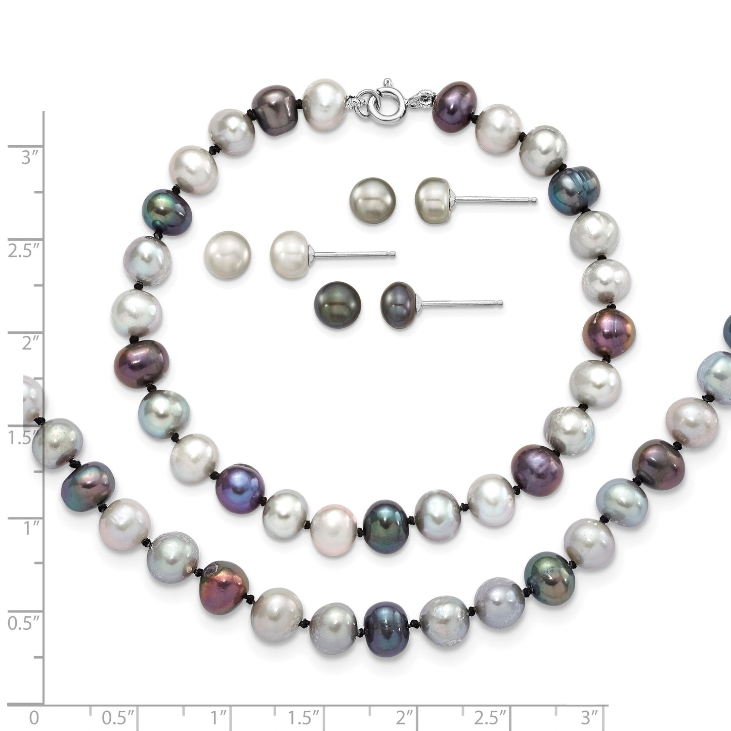 Sterling Silver Rhodium-plated 6-7mm Grey and Black Semi-Round Freshwater Cultured Pearl 18 inch Necklace and 7.25 Bracelet and 3-piece Button Post Earrings Set
