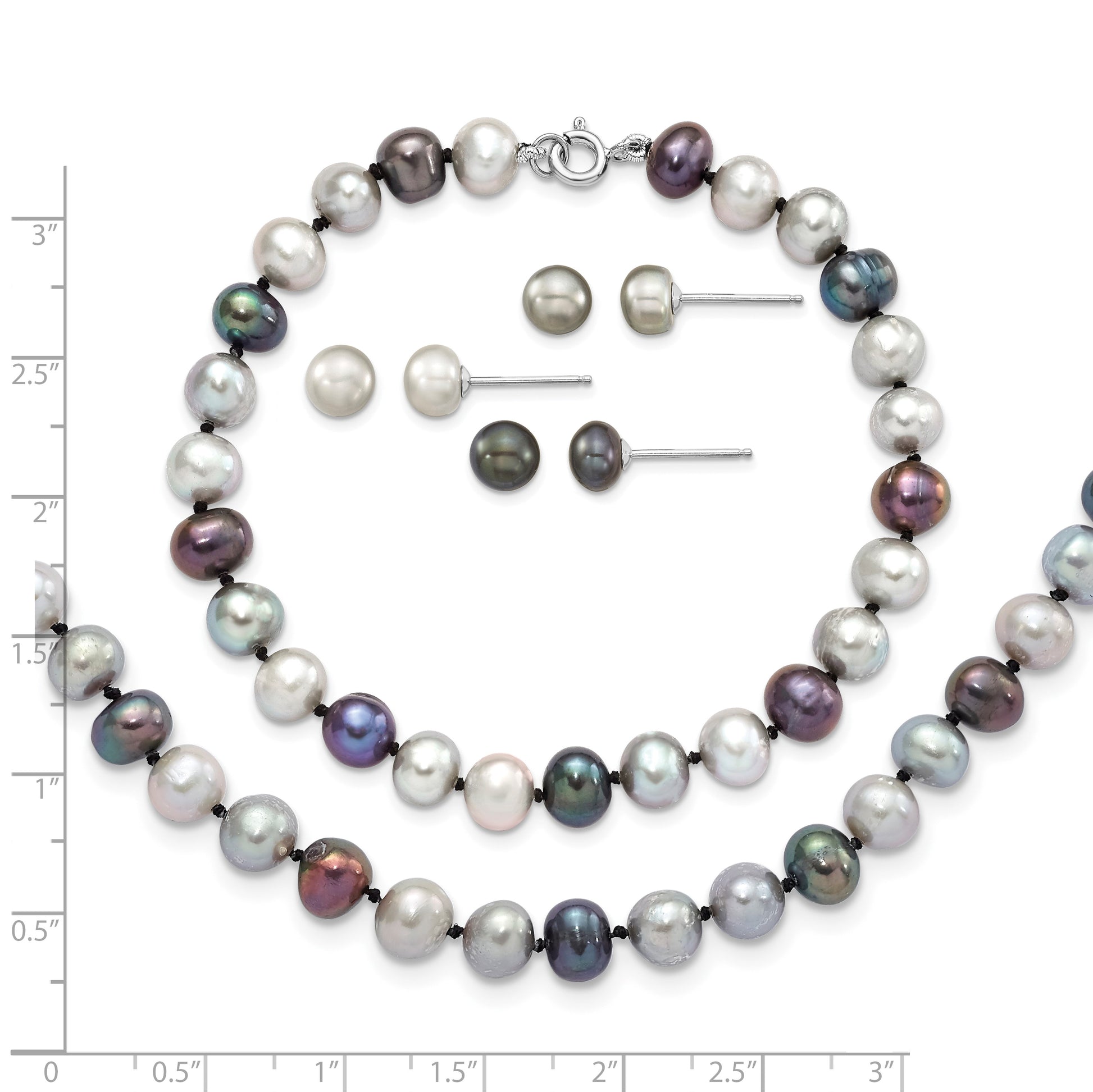 Sterling Silver Rhodium-plated 6-7mm Grey and Black Semi-Round Freshwater Cultured Pearl 18 inch Necklace and 7.25 Bracelet and 3-piece Button Post Earrings Set