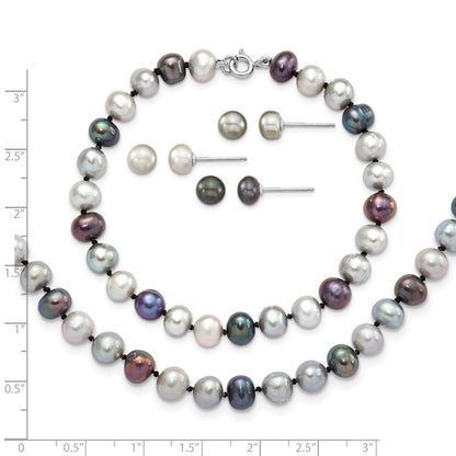 Sterling Silver Rhodium-plated 6-7mm Grey and Black Semi-Round Freshwater Cultured Pearl 18 inch Necklace and 7.25 Bracelet and 3-piece Button Post Earrings Set