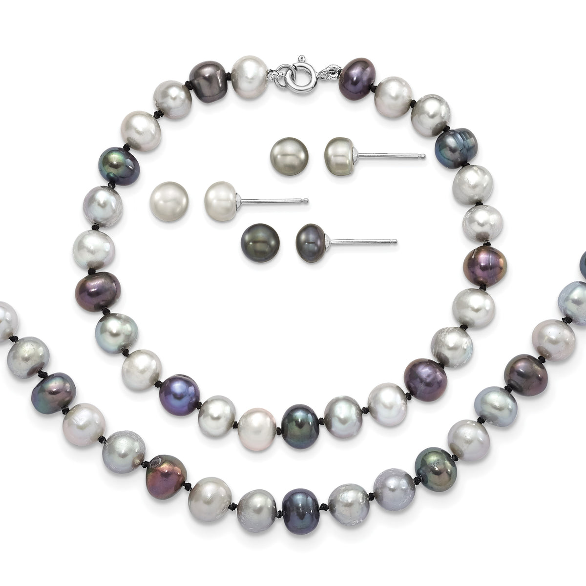 Sterling Silver Rhodium-plated 6-7mm Grey and Black Semi-Round Freshwater Cultured Pearl 18 inch Necklace and 7.25 Bracelet and 3-piece Button Post Earrings Set