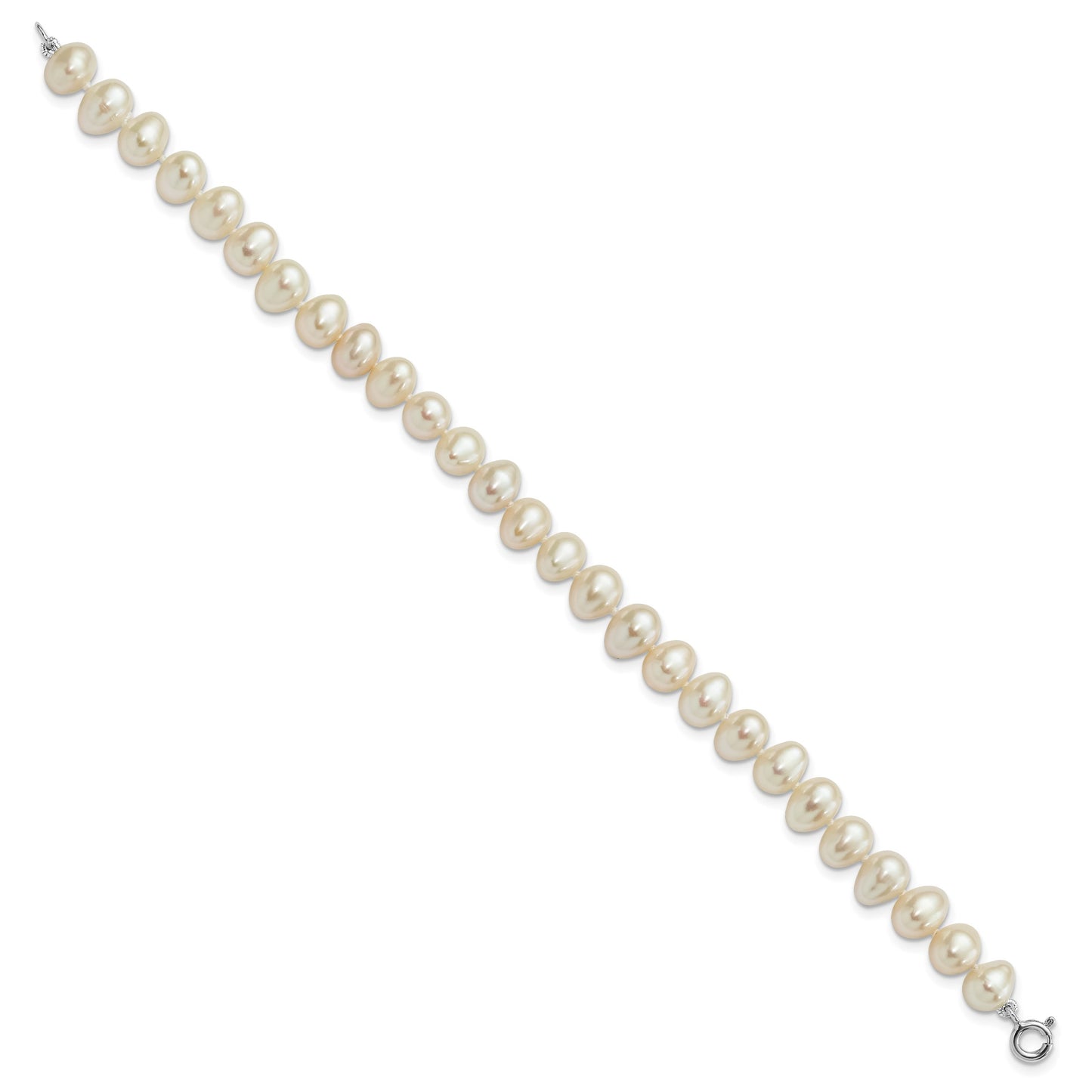 Sterling Silver Rhodium-plated 6-7mm White Semi-Round Freshwater Cultured Pearl 18 inch Necklace, 7.25 in Bracelet and Button Post Earrings Set