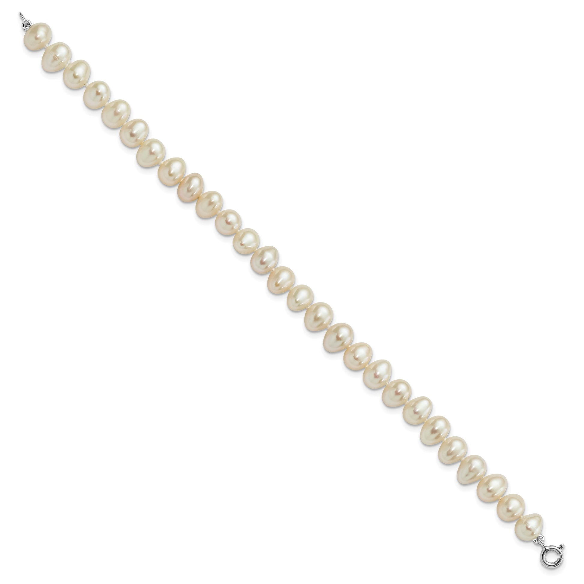 Sterling Silver Rhodium-plated 6-7mm White Semi-Round Freshwater Cultured Pearl 18 inch Necklace, 7.25 in Bracelet and Button Post Earrings Set