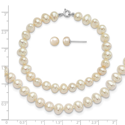Sterling Silver Rhodium-plated 6-7mm White Semi-Round Freshwater Cultured Pearl 18 inch Necklace, 7.25 in Bracelet and Button Post Earrings Set