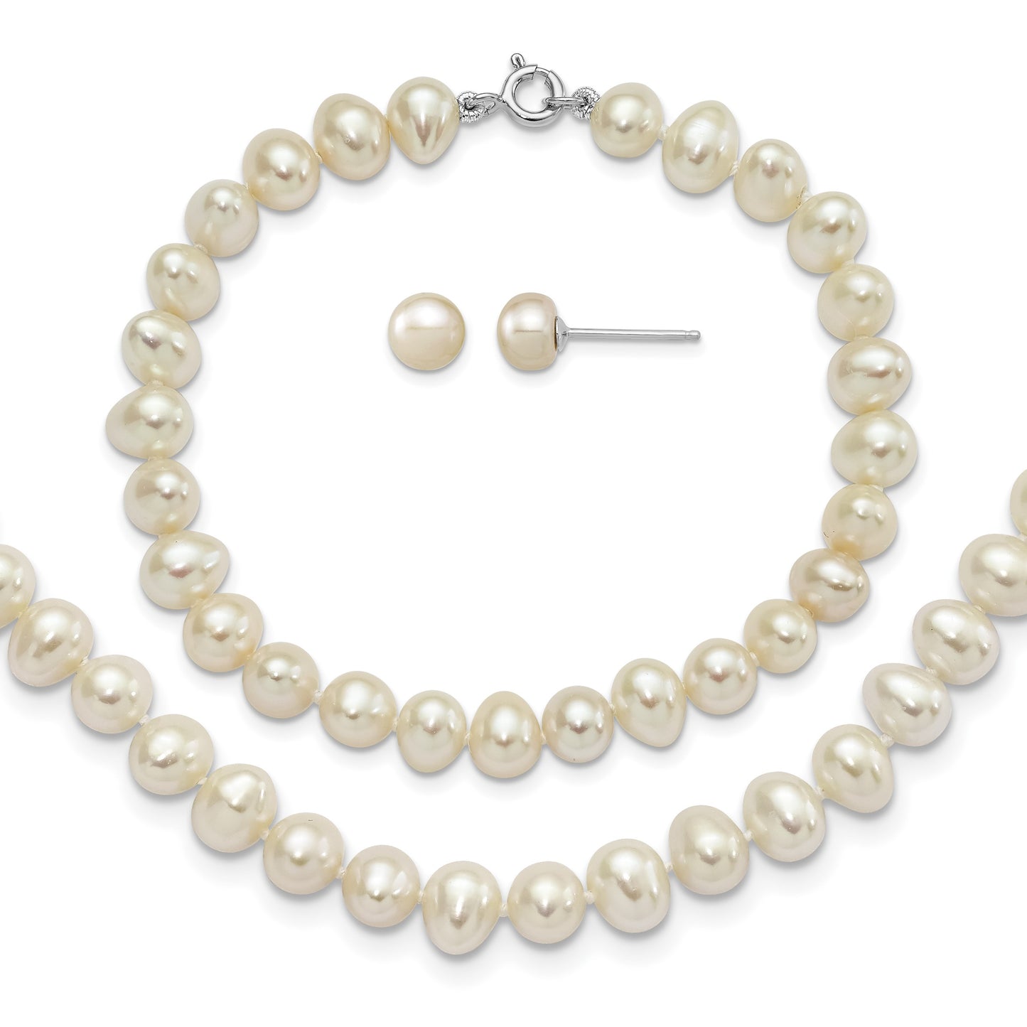 Sterling Silver Rhodium-plated 6-7mm White Semi-Round Freshwater Cultured Pearl 18 inch Necklace, 7.25 in Bracelet and Button Post Earrings Set