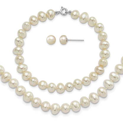 Sterling Silver Rhodium-plated 6-7mm White Semi-Round Freshwater Cultured Pearl 18 inch Necklace, 7.25 in Bracelet and Button Post Earrings Set