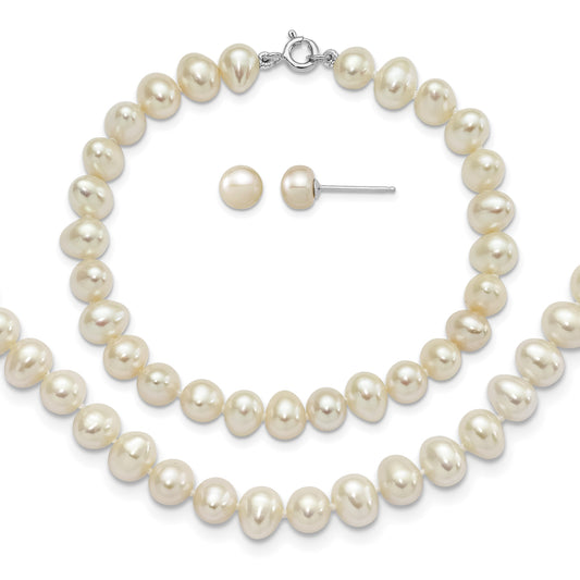 Sterling Silver Rhodium-plated 6-7mm White Semi-Round Freshwater Cultured Pearl 18 inch Necklace, 7.25 in Bracelet and Button Post Earrings Set