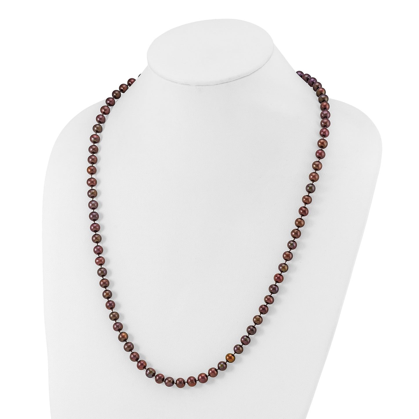 Sterling Silver Rhodium-plated 6-7mm Brown Near-Round Freshwater Cultured Pearl 24 inch Necklace