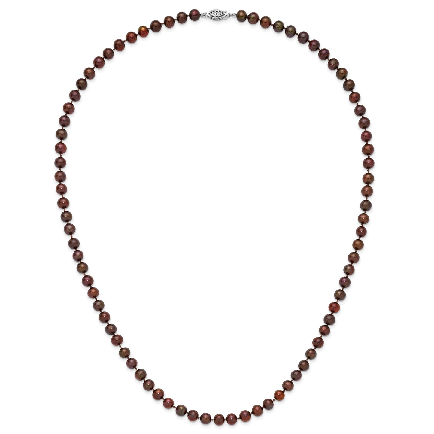 Sterling Silver Rhodium-plated 6-7mm Brown Near-Round Freshwater Cultured Pearl 24 inch Necklace
