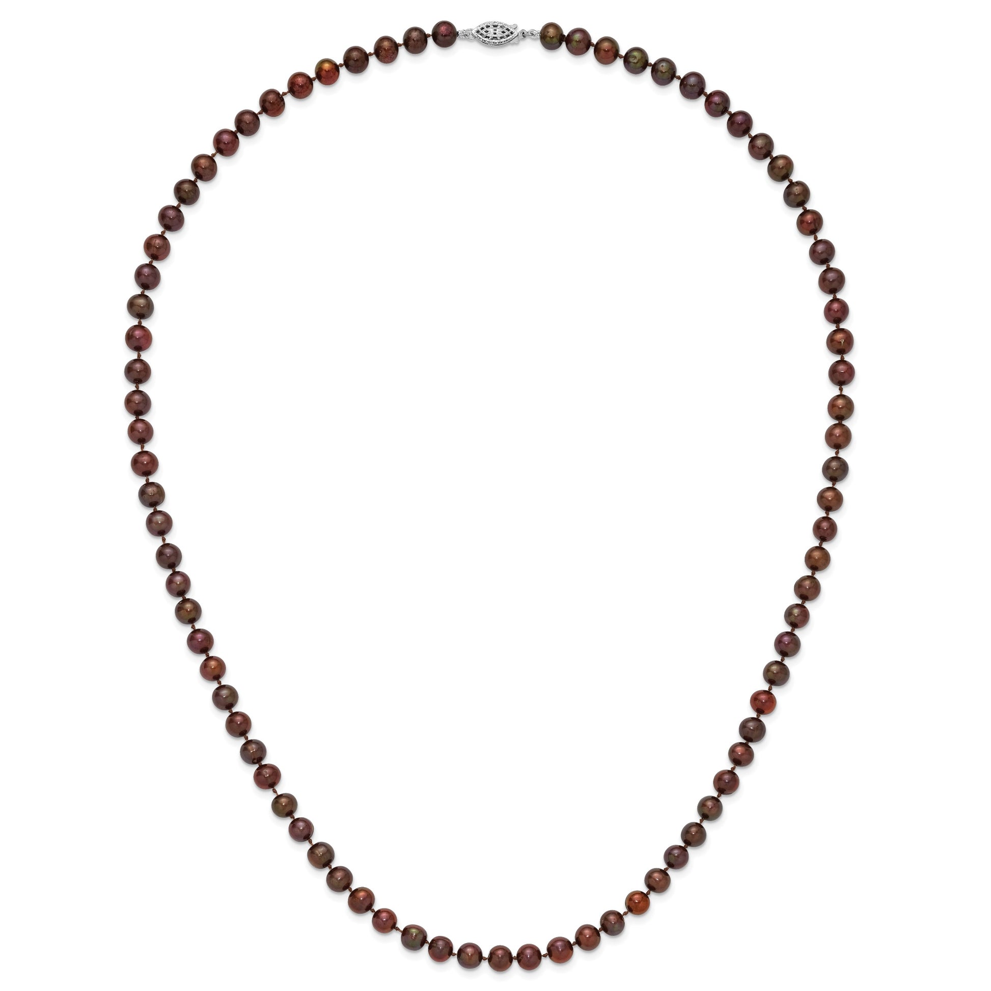 Sterling Silver Rhodium-plated 6-7mm Brown Near-Round Freshwater Cultured Pearl 24 inch Necklace