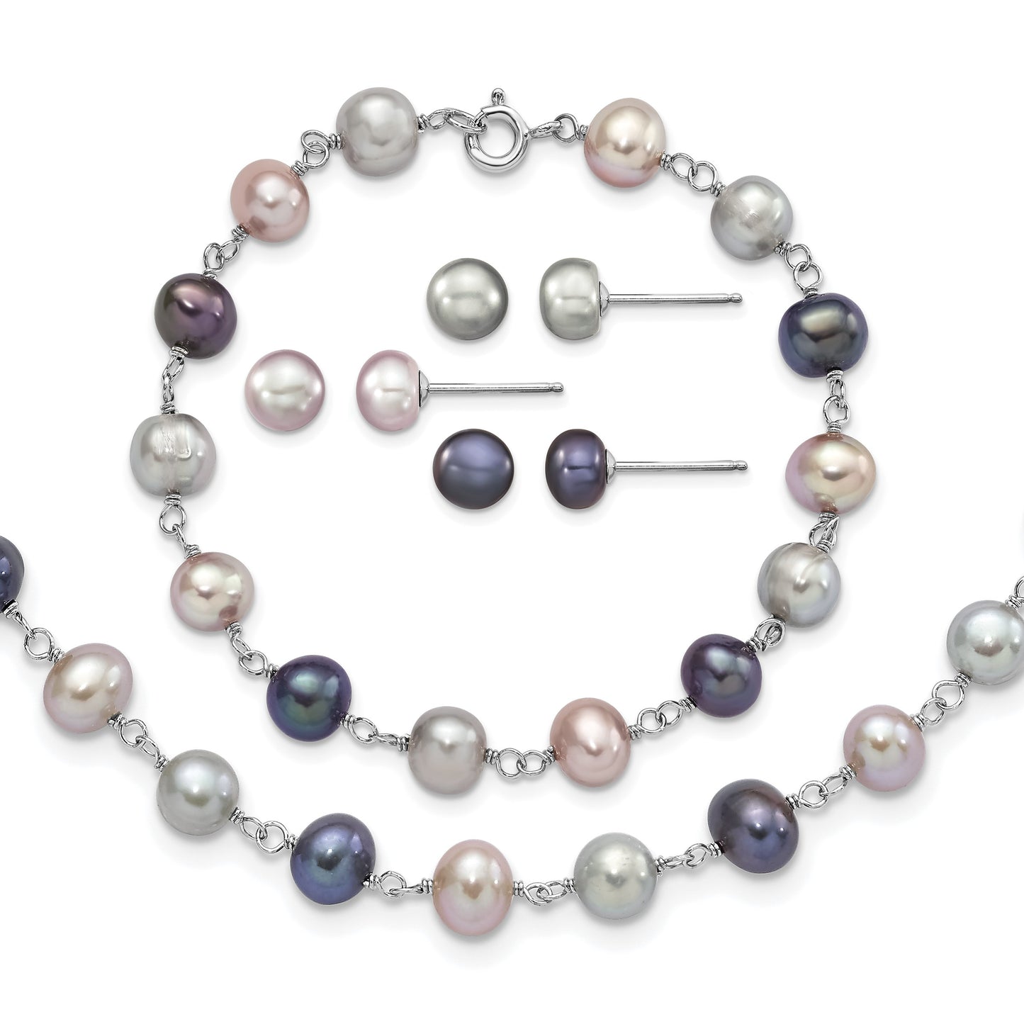 Sterling Silver Rhodium-plated 6-7mm Grey, Pink and Black Semi-Round Freshwater Cultured Pearl 18 inch Necklace, 7.25 inch Bracelet and 3-piece Button Post Earrings Set