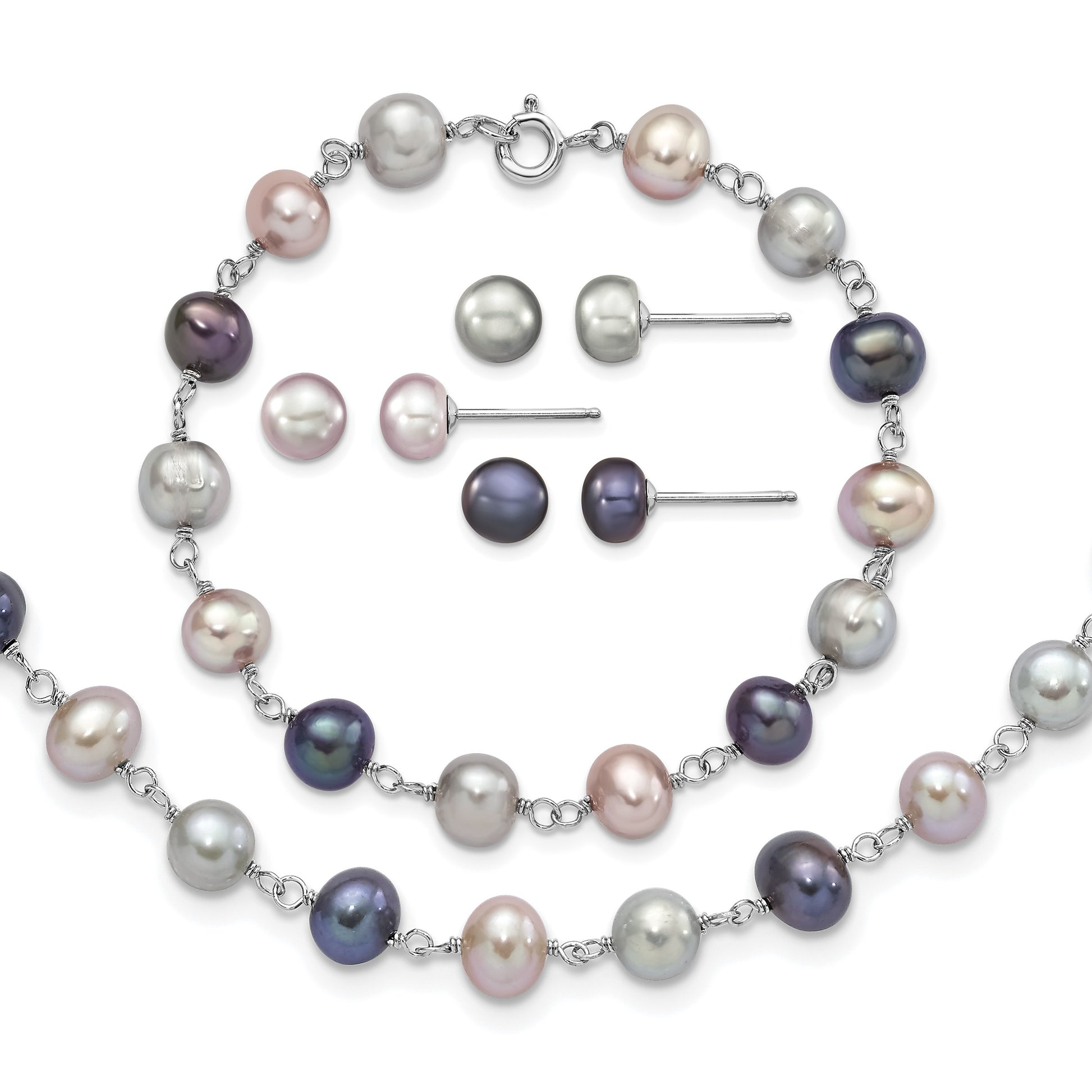 Sterling Silver Rhodium-plated 6-7mm Grey, Pink and Black Semi-Round Freshwater Cultured Pearl 18 inch Necklace, 7.25 inch Bracelet and 3-piece Button Post Earrings Set