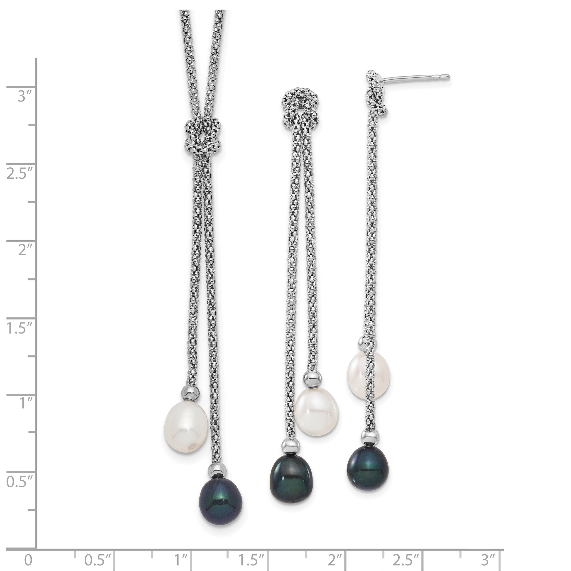 Sterling Silver Rhodium-plated 7-8mm Black and White Teardrop Freshwater Cultured Pearl Knot 18 inch Necklace and Post Dangle Earrings Set