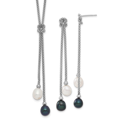 Sterling Silver Rhodium-plated 7-8mm Black and White Teardrop Freshwater Cultured Pearl Knot 18 inch Necklace and Post Dangle Earrings Set