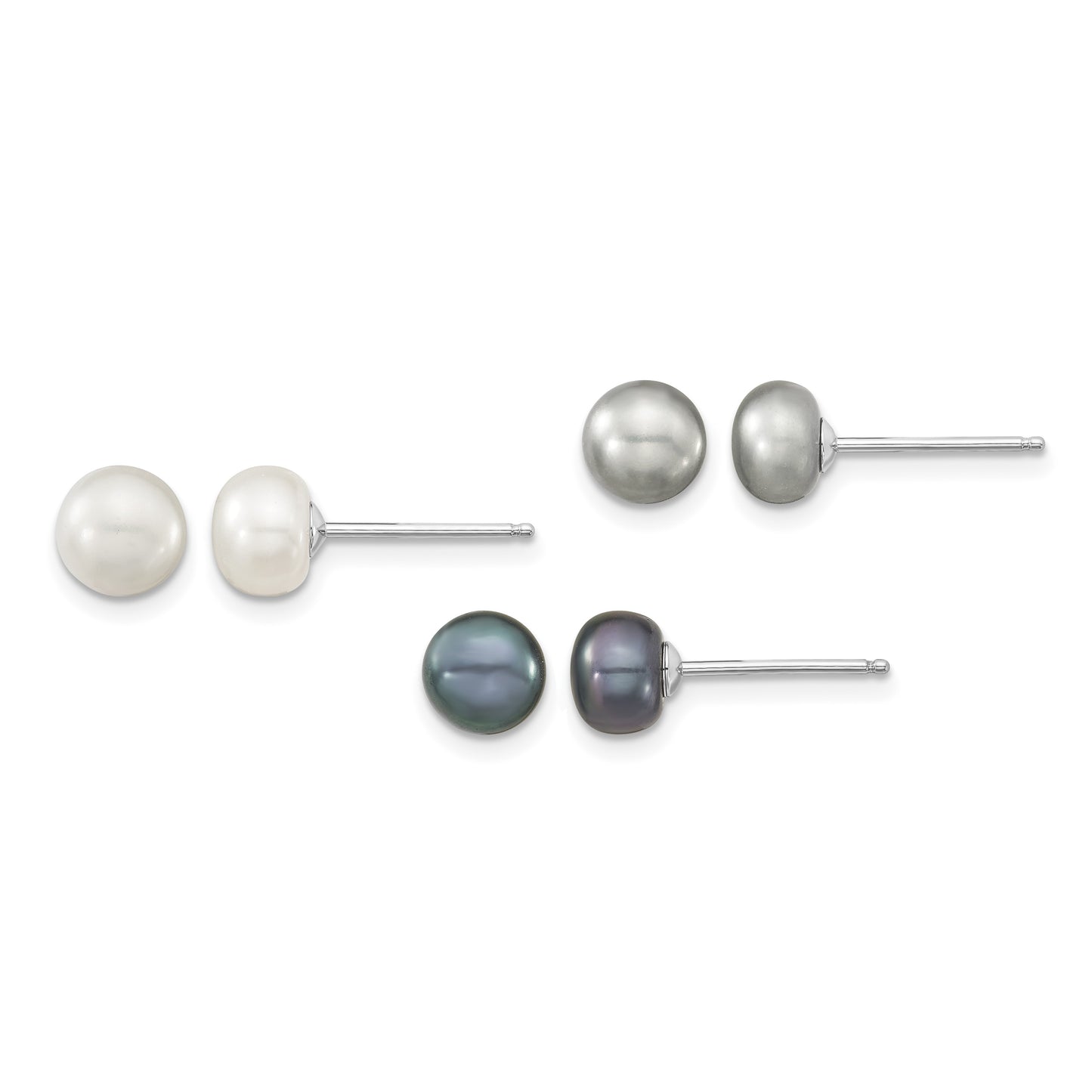 Sterling Silver Rhodium-plated 6-8mm White, Grey and Black Semi-Round Freshwater Cultured Pearl 18 inch Necklace and 7.25 inch Bracelet and 3-piece Button Post Earrings Set