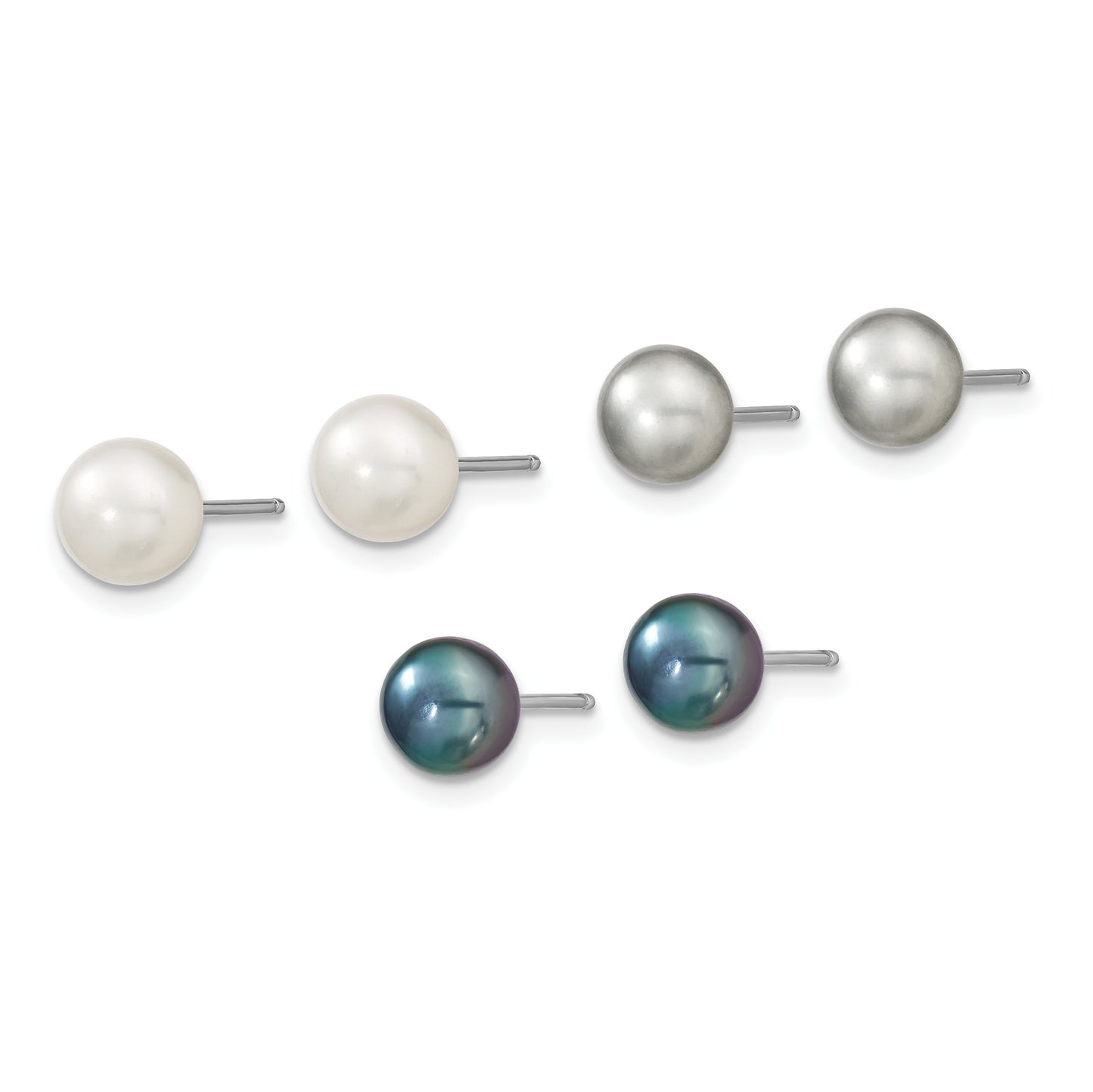 Sterling Silver Rhodium-plated 6-8mm White, Grey and Black Semi-Round Freshwater Cultured Pearl 18 inch Necklace and 7.25 inch Bracelet and 3-piece Button Post Earrings Set
