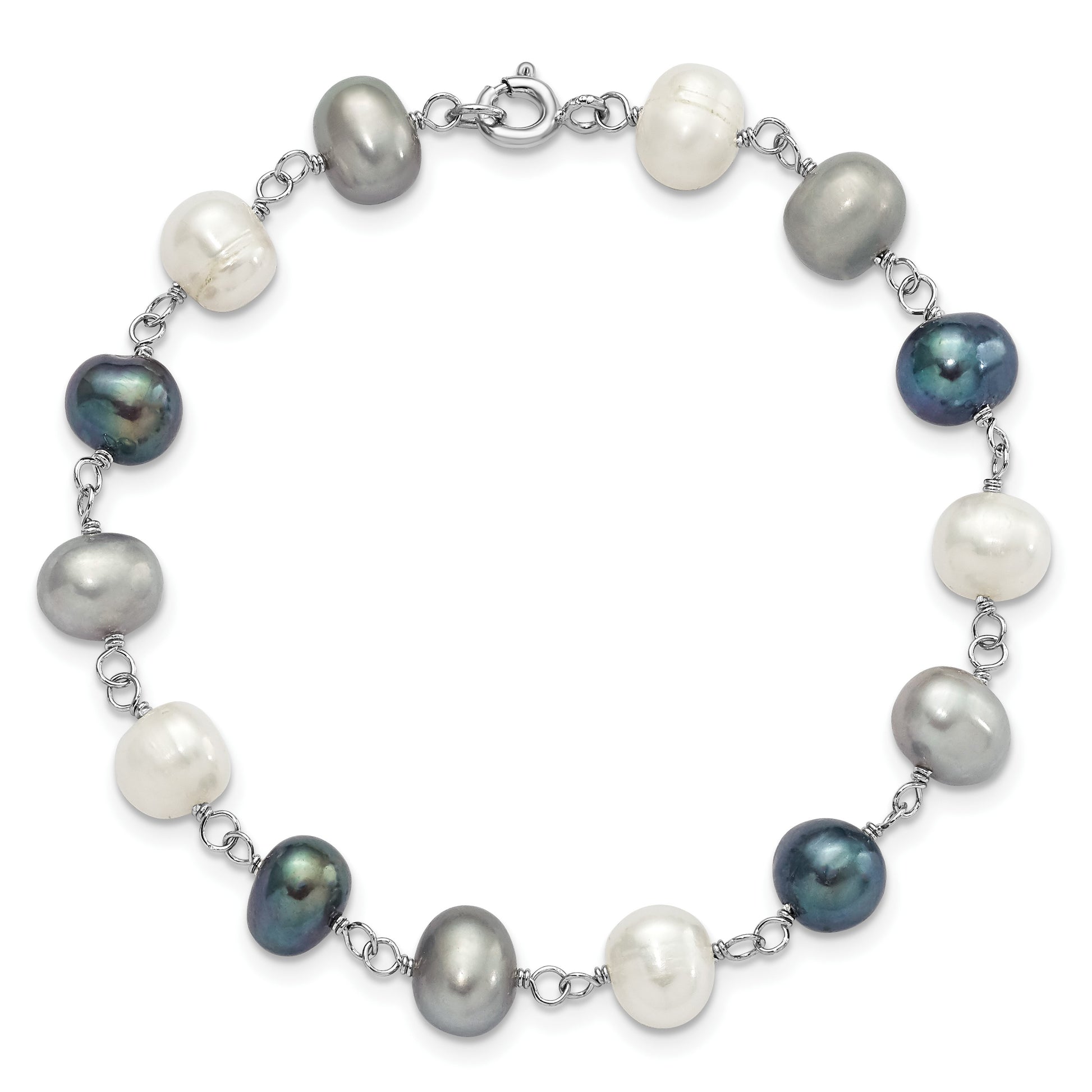Sterling Silver Rhodium-plated 6-8mm White, Grey and Black Semi-Round Freshwater Cultured Pearl 18 inch Necklace and 7.25 inch Bracelet and 3-piece Button Post Earrings Set